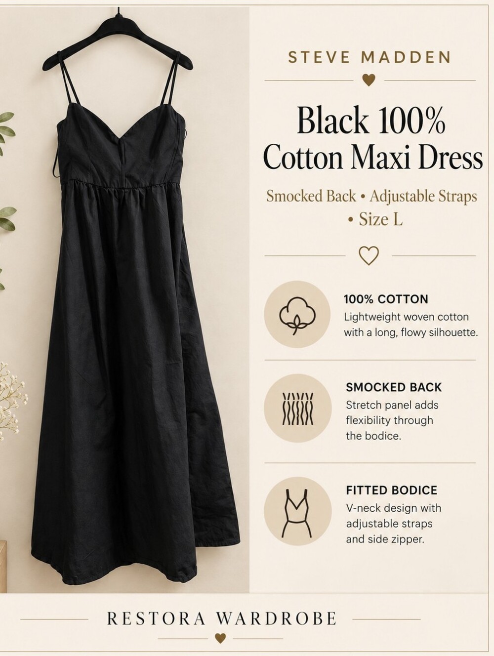 Steve Madden Black Cotton Maxi Dress Romantic Goth Smocked Back L